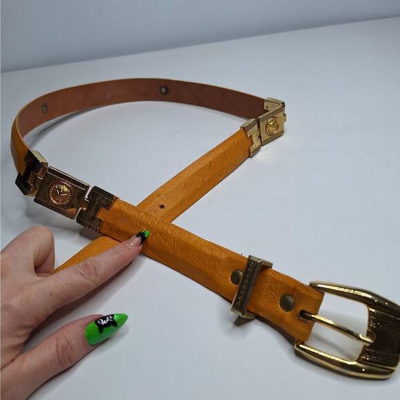 Wild West Belt Ostrich Leather Lion Greek Key Meander Yellow Gold Western 38 USA - Picture 6 of 13